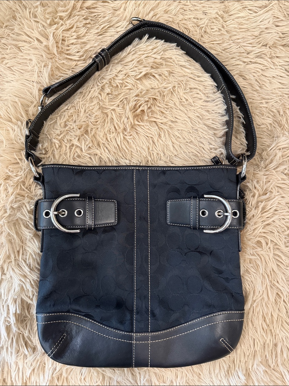 Coach Black Signature Shoulder Bag with Silver Buckle Accents